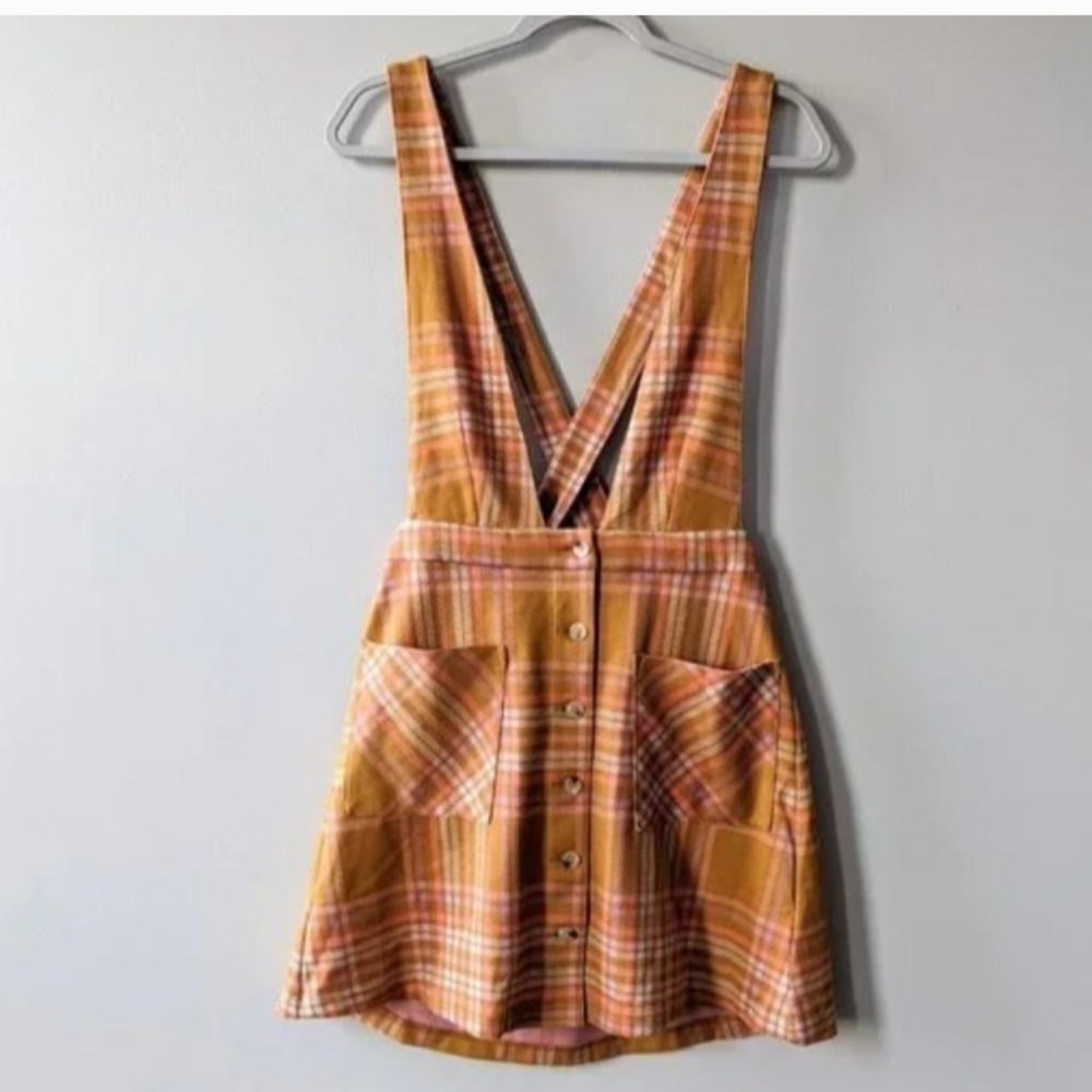 ModCloth Making the Grade Gold Plaid Overall Jumper Dress Festival Cosplay